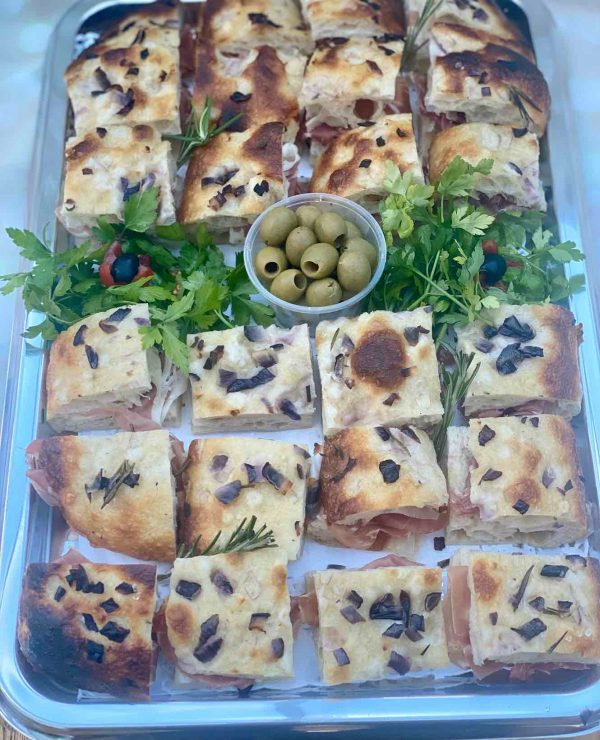 Homemade authentic Italian Red Onion and Rosemary Focaccia Bread Lay